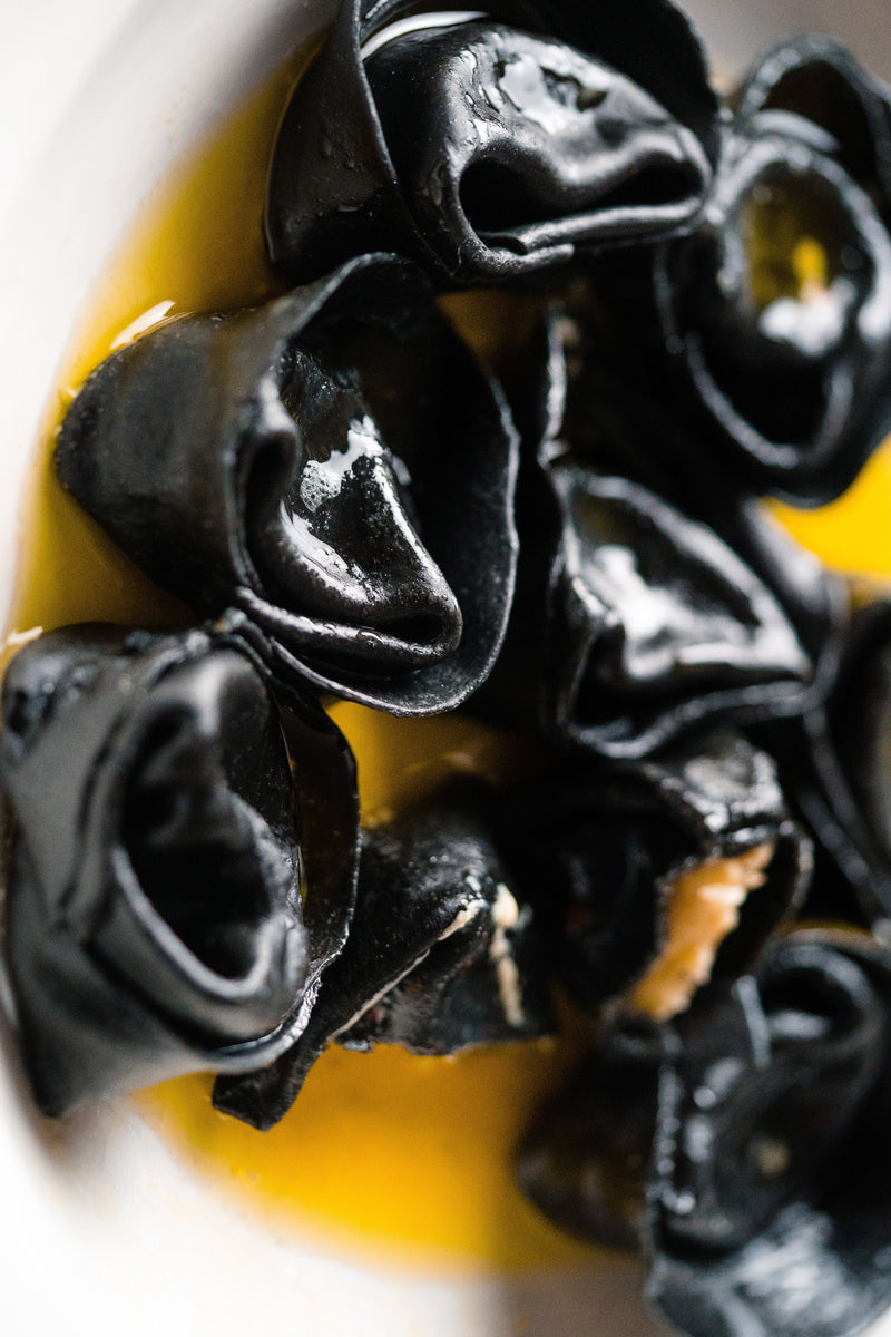 CRAB & MASCARPONE TORTELLONI CHARCOAL with Chilli Butter Sauce